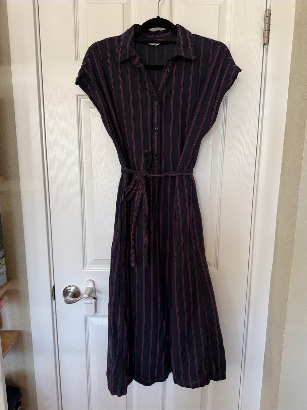 TOAST Striped Button-Front Midi Dress 100% Cotton - Navy & Pink. Size L/US12